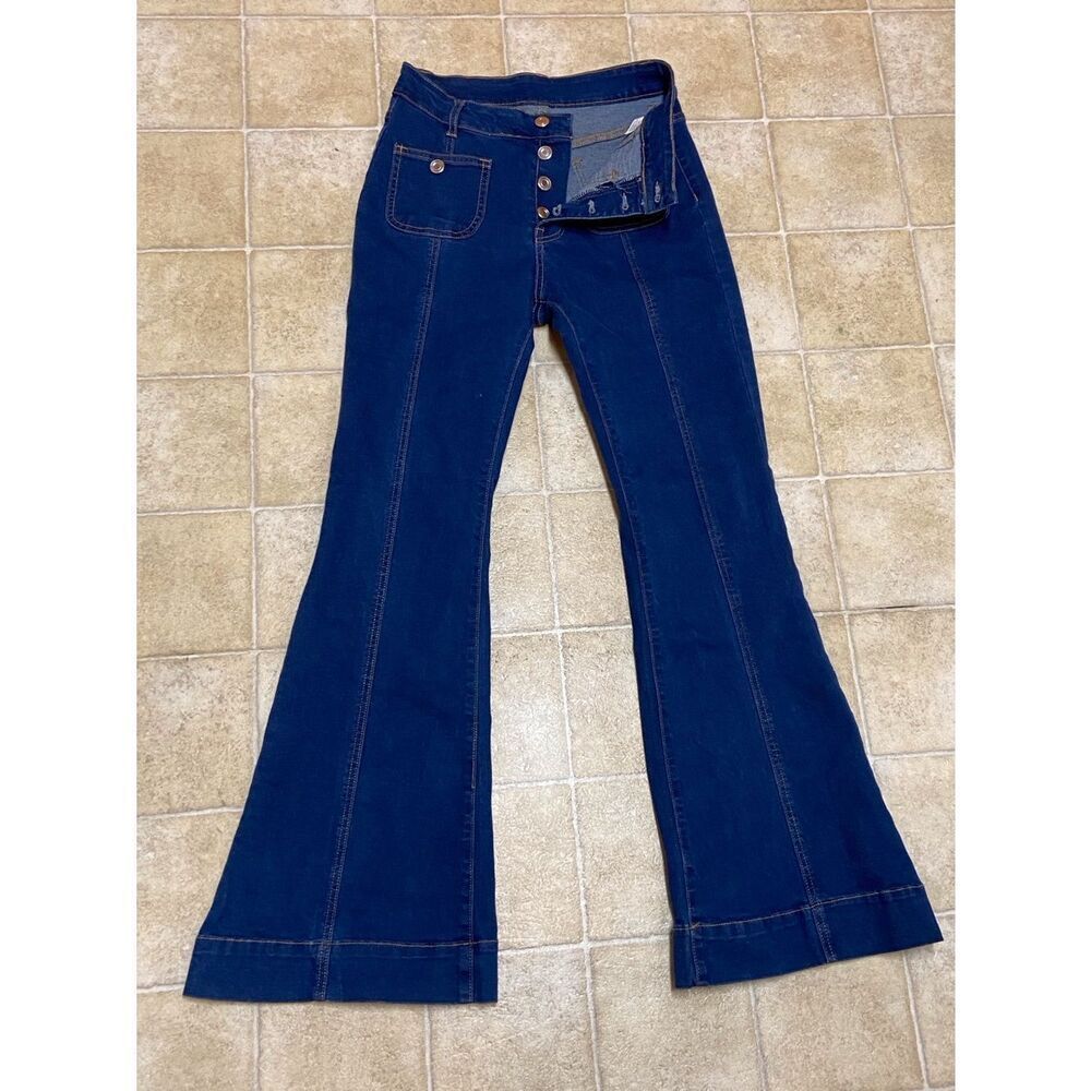 YHK High-Rise Navy Flare Jeans with Button-Front Detail